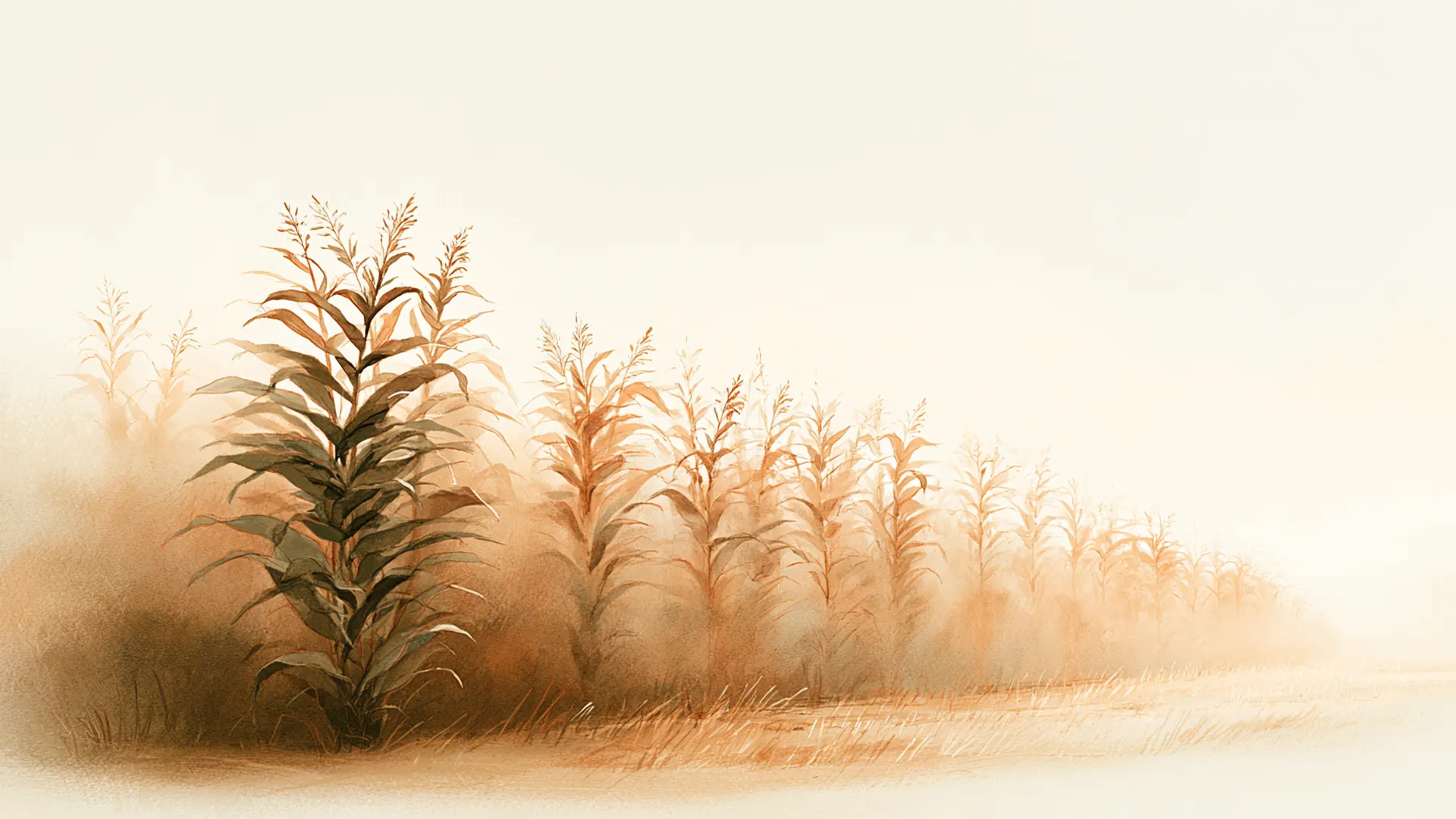 A watercolour of tall cannabis plants in a pale field, drawn in oat and clay washes.