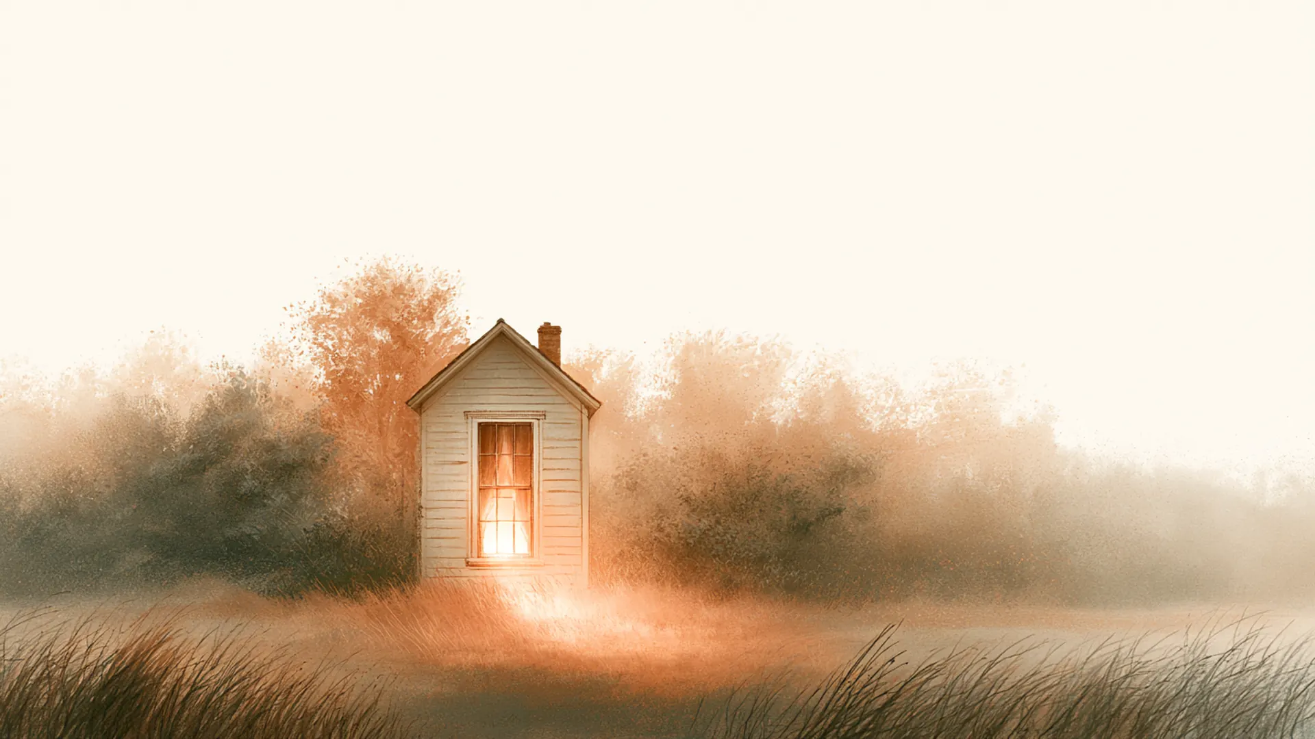 A small house in tall grass at dusk with one lit doorway.